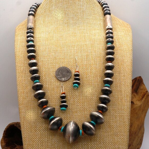 Native American Navajo Turquoise Silver Pearls Spiney Oyster Necklace & Earrings - Picture 5 of 10